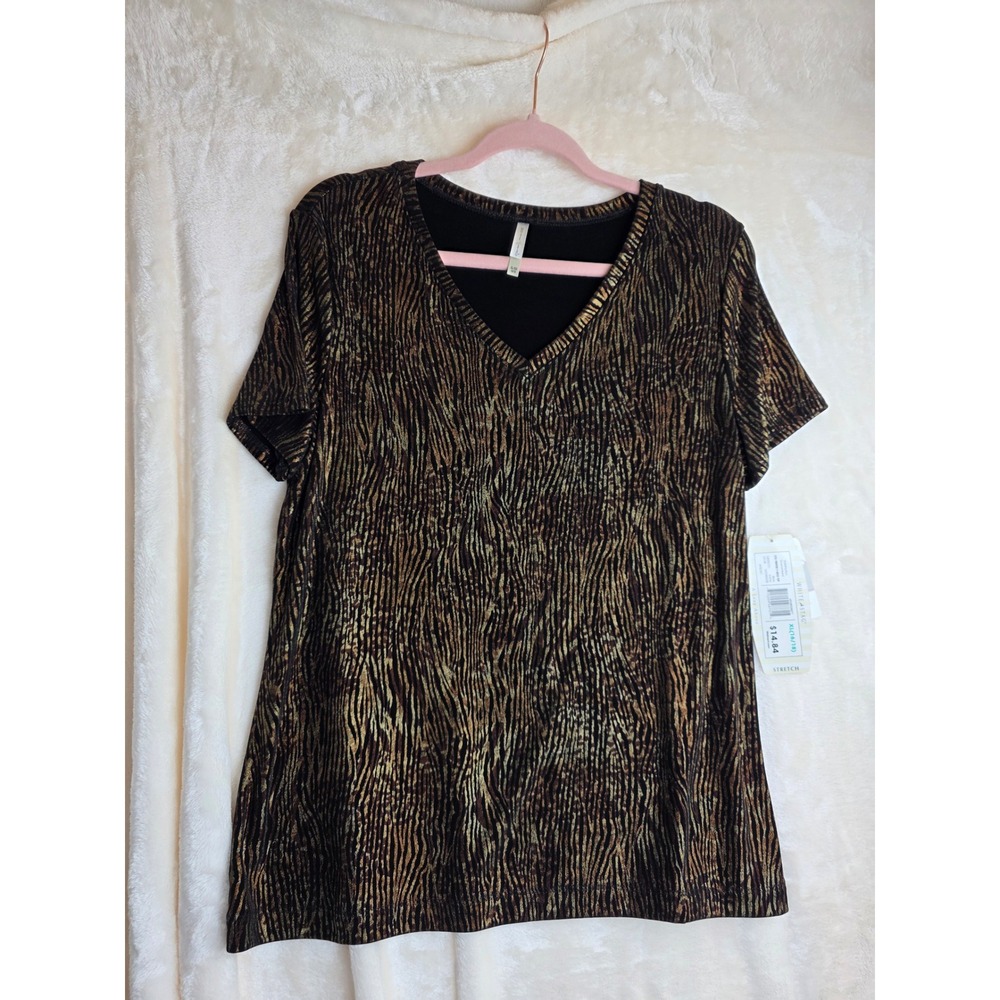 Black Gold Metallic Animal Print V Neck Stretch Tunic Top XL 16 18 NWT